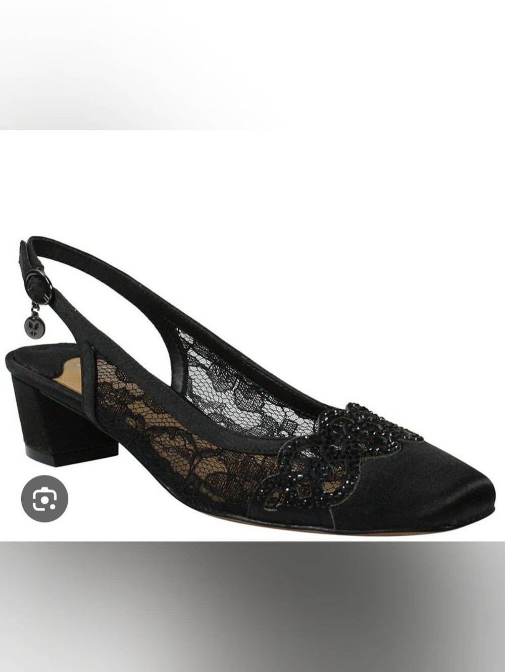 J. Renee Faleece Black Satin Lace Block Heel Pumps Slingback Rhinestone 7.5M